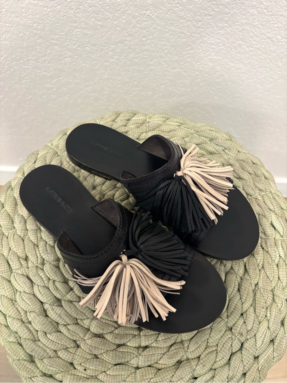 Antik Batik Johnny Was Youri Black/Cream Leather Tassel Slide Sandals